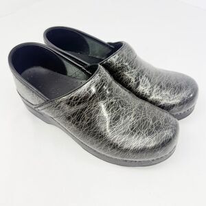 Dansko Black Metallic Scribble Patent Clogs